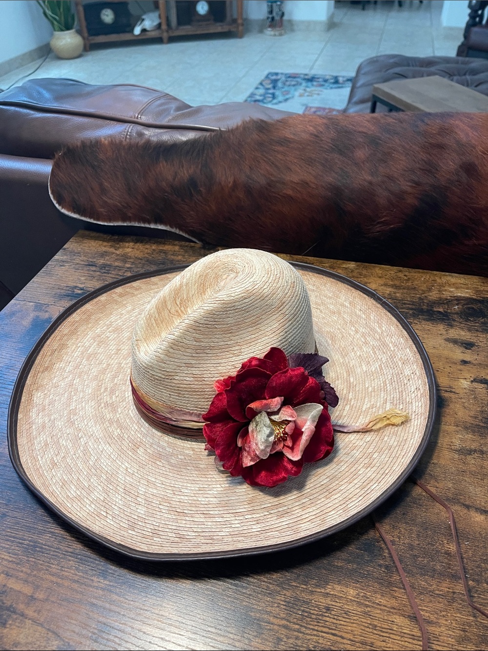 Dia de los muertos straw hat with copper sugar skull concho.